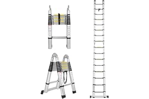 HUINI 5M Telescopic Ladder Multi-Purpose Foldable Ladder Aluminum Extendable Portable Ladder Heavy Duty Max Load 150kg(330lb) Anti-Slip Safety Locking A Frame & Straight Ladder for Indoor Outdoor