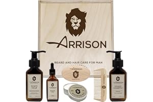 ☆ARRISON® BEARD☆ kit Barba Uomo Completo Made In Italy + Scatola in Legno di Betulla con Shampoo, Balsamo, Cera, Olio Barba - Pettine e Spazzola in Legno di Faggio e Setole in Cinghiale