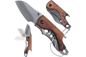 HONZIN Scyzoryk, składany nóż z łańcuszkiem, mini multitool z drewnianą rączką