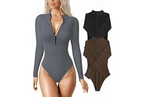 LOTGET Women's Bodysuits Sexy Ribbed One Piece V Neck Long Sleeve T Shirts