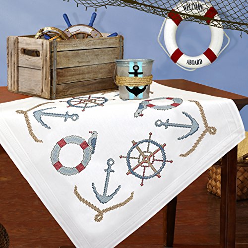 Bezaubernde Stickpackung " EIN TAG AM MEER " - Stickdecke 80x80 cm - Kreuzstich vorgezeichnet - Stickdecke und Stickgarn aus 100 % Baumwolle - fertig gesäumt mit eingewebtem Zierrand - qualitativ hochwertig - zum Sofort-Loslegen - zum Selbersticken - aus dem KAMACA-SHOP