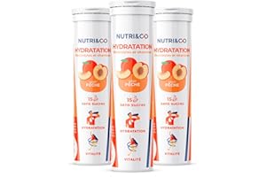 NUTRI & CO Électrolytes Hydratation - 5 Minéraux 4 Vitamines - Sans Sucre ni Édulcorant - Haute Absorption - Goût Naturel Pêche - Lot de 3 tubes - 45 comprimés effervescents Vegan Fabriqué en France