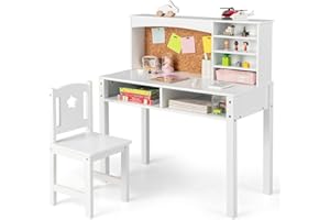 GYMAX Kids Desk and Chair Set, Wooden Children Study Table with Storage Space and Bulletin Board, Toddler Writing Desk Set for Boys Girls (White)