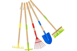 KY-TECH Kids Gardening Tools Set 27.5" Metal Shovels Detachable Spades with Wooden Handles for Kids Digging & Shoveling, Garden Toys with Long Shovel, Rake, Hoe, Leaf Rake, Broom