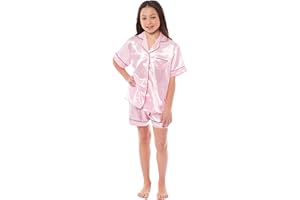 Daisy Dreamer Girls Short Pyjama Set Satin Silk Kids Pyjamas Sets Short Sleeve Button Down Easy Care Two Piece Comfy Sleepwear and Loungewear Pjs