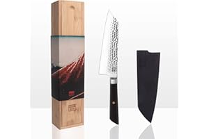 KOTAI | Couteau de Chef Santoku Bunka avec Saya et boîte en Bambou | Lame 17 cm | Couteau de Cuisine | Martelé et Aiguisé à la Main | Acier Inoxydable Japonais 440C Ultra-Tranchant