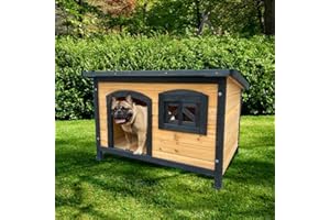 ATAA Caseta de Madera Eco-Responsable para Perros Toby - Negro-Refugio de Madera para Perros, Ideal para el Exterior, jardín y Patio con Ventanas y Techo Amovible