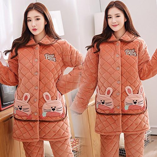 XHO Winter Quilted Cotton Lady Pajamas Thicker Plus Size Plus Long Cartoon Female Pajama Suit Home Service,E,XXL
