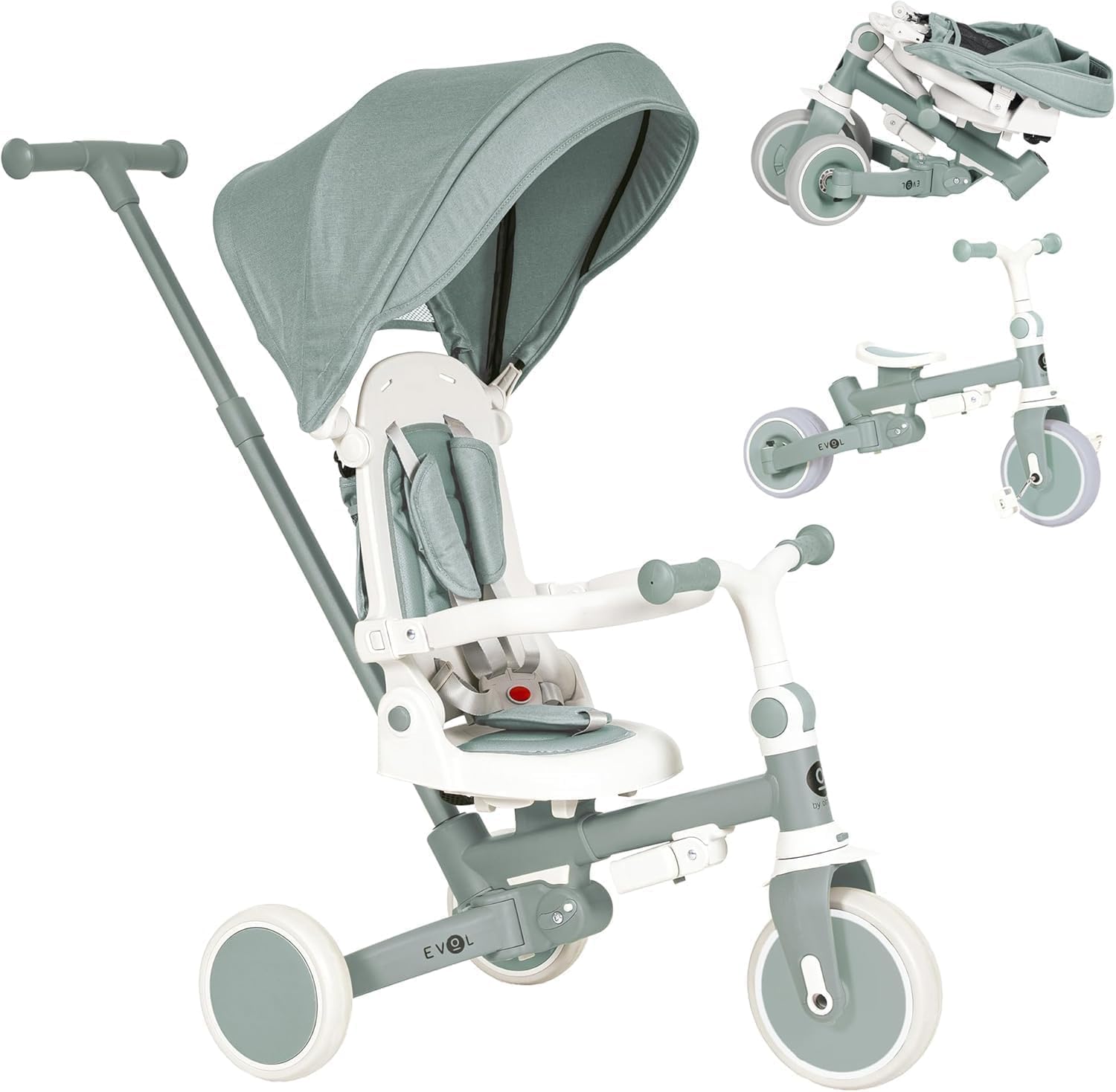 Olmitos - Triciclo Evolutivo de Bebé 5 en 1 EVOL - Bicicleta Niños de 1 año hasta 25 Kg - De Triciclo a Bicicleta con o sin Pedales – Respaldo, Barra Seguridad y Capota (Menta)