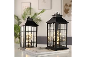 JHY DESIGN Farol colgante decorativo con bombilla LED y temporizador de 6 horas soporte de linterna de plástico de 12 pulgadas de alto luces de cristal estilo rejilla para sala de estar entrada interior exterior