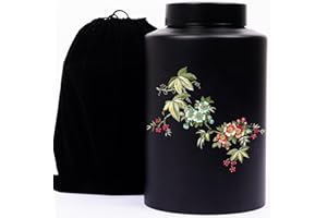 BOBODE Cremation Decorative Urn Black Metal Memorial Urn Green Leaf Funeral Urn,Large Adult Burial Urn for Male-Female Ashes, Cemetery Burial or Niche with Black Velvet Bag