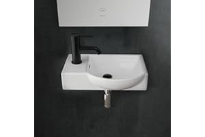 Alpenberger Waschplätze | Keramik Waschbecken Eckig Oval 45 cm Breit | Kleiner Waschtisch mit Hahnloch & Überlauf | Wandwaschbecken Einbauwaschbecken | Handwaschbecken Klein Gäste WC & Badezimmer