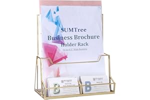 SUMTree Gold Metal Glass Brochure Holder Stand with Business Card Holder Countertop literature Holder Display Stand Pamphlets Flyers Storage Holder, 23 * 11 * 24cm