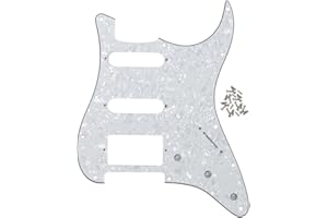IKN 11 Hole Strat SSH Pickguard Guitar Scratchplate with Mounting Screws for U.S./Mexican Fender Standard Stratocaster Bridge Cut, 4Ply White Pearl