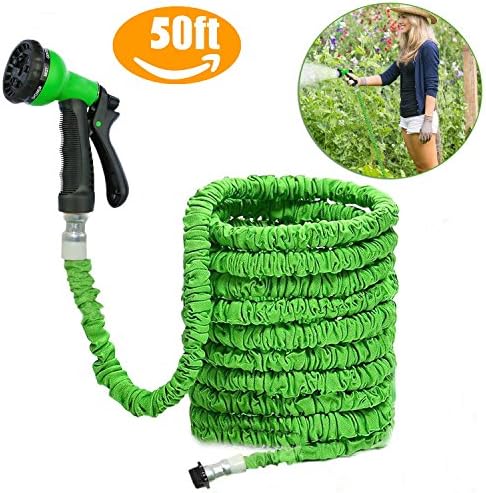 50FT Deluxe Expandable Garden Water Hose Pipe-With 8 Functions Spray Nozzle&amp; Aluminium Fittings-Magic Hosepipe Anti-leakage Expands Up To 15 Metres (50FT, Green)
