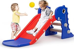 LEFLUFFY 3 in 1 Toddler Slide, Baby Slide Plastic Climber Playset with Basketball Hoop and Ball, Indoor Slide and Outdoor Playground Slide for Kids,Gifts for Kids Girls Boys Teen Ages 1-3
