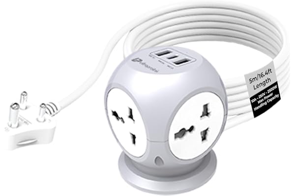 UltraProlink 7 in 1 Cube Extension Board Power Strip Multi-Ports Device Safety with ISI Approved Heavy Duty Cable 5m/16.4 Fast Charge iPhone 50% in 30 min Type-C(PD 20W)+USB-A 20W &4AC Sockets UM1222
