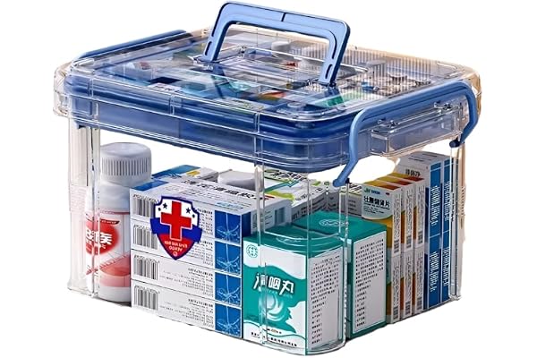 KREPS Clear Plastic Medicine Storage Box Organizer, Family Emergency Kit with Removable Pill Case Portable Lockable Container for Medicine, Art Craft and Cosmetic Household Organizer (Medium, Blue)