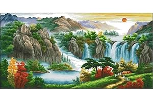 ARVALOLET Öko-Baumwolle Vollstick-Kreuzstich-Set, 14 CT, bedruckt, Landschaft, 89 x 48 cm for Nähen & Stoffe