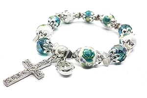 NAZARETH STORE Sklep Nazareth Ręcznie robione krystalizowane koraliki szklane bransoletka z krzyżem z ceramicznymi koralikami kwiatowymi religijna bransoletka chrześcijańska dla kobiet i mężczyzn