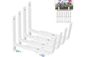 HFHOME 4 PCS Adjustable Planter Box Brackets (6 to 12.5 in), Universal Window Box Brackets, Heavy Duty Metal Flower Box Wall Mounting Hooks for Balcony, Fences, Patio, and Garden - White