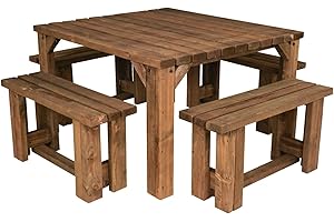Arbor Garden Solutions Wooden picnic table with four benches set, Quadrum patio furniture (Rustic brown)