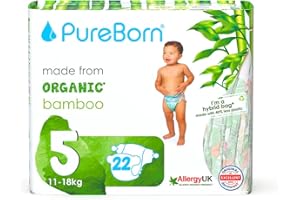 PureBorn Pannolini Eco Organici in Bambù, Taglia 5 (11-18 kg), 22 Unità, Ipoallergenici, Ultra Morbidi, Stampa Assortita, Ecologici, Indicatore di Umidità