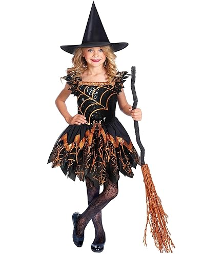 Kids Halloween Witch Costume - Black & Orange Dress With Hat For Toddlers & Children