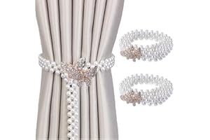Qiwenr 2 Alzapaños de Cortina de Metal con Elegantes Cortinas de Cuerda Elástica de Perlas Pequeñas para el Hogar,Ventana,Decoración no Instalación/Taladro/Ganchos (Mariposa Dorada)