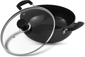 Vinod Black Pearl Hard Anodised Non-Stick Deep Kadhai with Glass Lid, 1.6 L (18 cm) 3.25 mm Thick Body, Metal Spoon Safe, Riveted Handle, Healthy Cooking, Less Oil Use, Easy to Clean 2 Yr Warranty