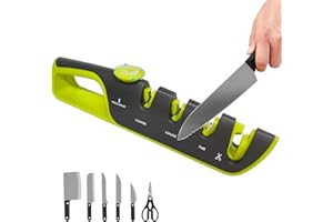 KLGFI 4 in 1 Messerschleifer mit Scherenschleifer, 6 Stufen Verstellbar Messerschärfer Profi, Manueller Messerschärfer für Keramikstein, Wolframcarbid Scheiben, Diamant Schleifsteine, Grün