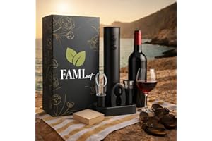 FAMInet- Tire-bouchon électrique vin – Ouvre-bouteille automatique avec accessoires : coupe-capsule, aérateur, verseur, base – Idée cadeau Noël homme, anniversaire, coffret cadeau vin original