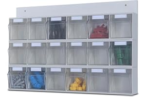 hünersdorff MultiStore Wand-Set: Regalsystem aus Rückwand & 18 Klarsichtbehälter mit Kippschublade (MultiStore Riegel Nr. 6) aus Polystyrol, Lichtgrau