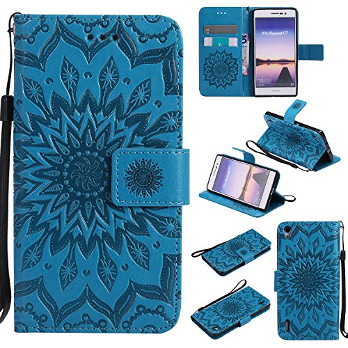 Ascend P7 Hülle,Huawei P7 Hülle,Huawei Ascend P7 Hülle,Huawei Ascend P7 Leder Wallet Tasche Brieftasche Schutzhülle,Cozy Hut® Prägung Sunflower Muster PU Lederhülle Flip Hülle im Bookstyle Cover Schale Stand Ständer Etui Karten Slot Schutzhülle Blue Tasche Wallet Case für Huawei Ascend P7 (5,0 Zoll) - blau