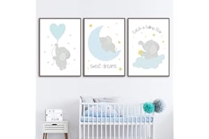 NORDIC IDEAS Juego de 3 Cuadros 21x30 Infantiles Niño Animales Pósteres Elefante Láminas Impresión en Lienzo Decoración Habitación Bebé pared Regalo Sin Marco NPTWC002-S