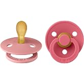 BIBS Colour Pacifier, 0-6 Months, 2-Pack, Dusty Pink/Coral | Symmetrical Teat | Natural Rubber Latex | Size 1 | BPA Free | Ma