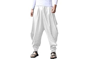 YAOHUOLE Men's Cotton Linen Trousers Baggy Casual Harem Pants Wide Leg Kidoriman Pants Drawstring Pirate Costume Hippie Clothes