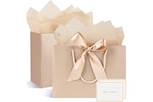 MIFFERER Champagne Lot de 2 sacs cadeaux de taille moyenne avec 2 emballages et cartes, sacs en papier avec poignées pour femmes, hommes, anniversaire, mariage, fête, Noël - 20x10x28cm