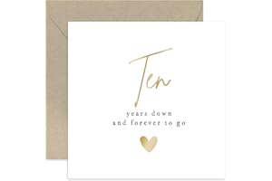 OLD ENGLISH COMPANY Old English Co. Ten Years Down Forever To Go Wedding Anniversary Card for Husband or Wife - Special Gold Foil 10th Anniversary Celebration Card - Tin Tenth Anniversary | Blank Inside Envelope