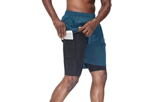 HMIYA Herren 2 in 1 Shorts Fitness Sporthose Kurz Jogginghose Schnelltrocknende Laufhose mit Kompressionsshorts und Taschen Reißverschlussfach
