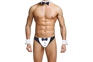 IEFIEL Conjunto de Lencería Traje Camarero Sexy Disfraz Mayordomo Mankini para Hombres Tanga Pijamas Eróticas Pajarita y Pulseras Disfraces Despedida Ropa Erótica Slips