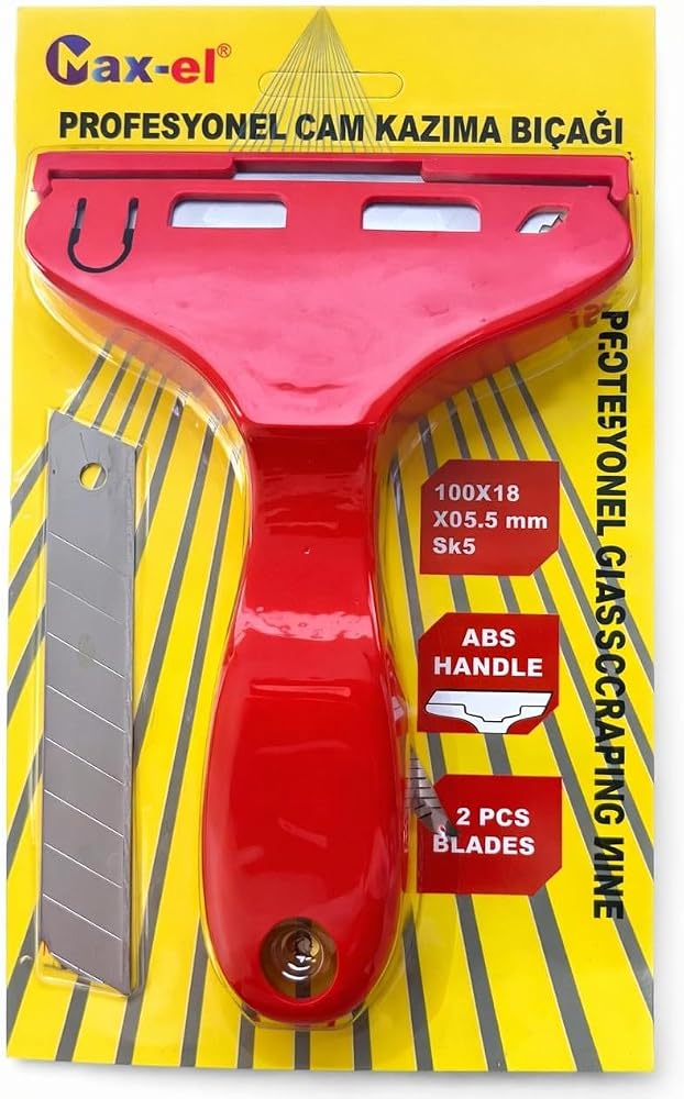Profesyonel Cam Kazıma Bıçağı, SK5 Çelik Keskin Uç, ABS Ergonomik Sap, 100x18 mm, 2 Yedek Bıçaklı Cam ve Yüzey Temizleme Aparatı