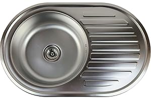 ANW HOME Fregadero de cocina de acero inoxidable con escurridor 77x50 cm con sifón, pequeño fregadero redondo, fregadero de montaje superior de un solo seno satinado