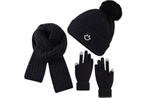 ASYBHYY Gorras Mujer Invierno Caliente Sombrero de Punto y Bufanda con Forro Polar y Guantes Pantalla Táctil Para Señoras Esquí Diario Deportes al Aire Libre