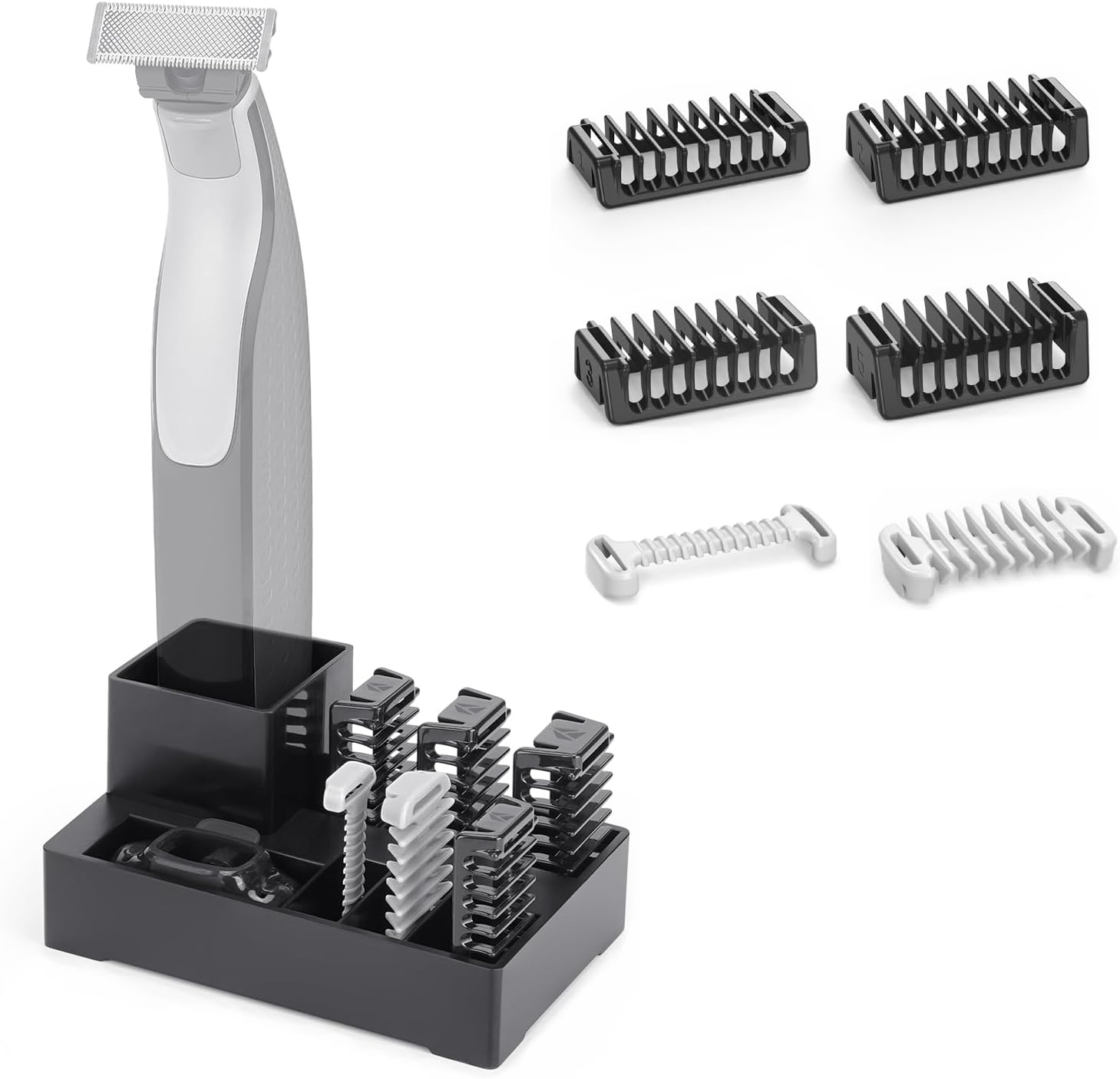 Peines de Protección 1/2/3/5 mm con Soporte, Peine Guía Compatible con OBlade Pro QP2734 QP2824 QP25xx QP26xx QP65xx QP66xx, Soportes para Recortadora (6 Piezas + Soporte)