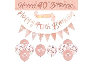 DEARLIVES 14 Pieces 40th Happy Birthday Decorations,Rose Gold Party Supplies Including Banners Straps Triangle Flag Bunting Confetti Latex Balloons (40th Birthday)