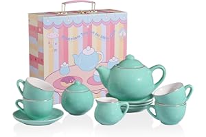 SWEEJAR HOME Sweejar Porcelain Tea Set for Little Girls,Kitchen Toys Tea Party Set for Kids Toddler Kitchen Pretend Toy Include Children Teapot, Cup & Saucer Sugar Bowl and Cream Pitcher(Turquoise Polka Dot)