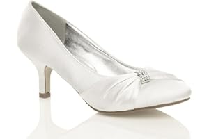 MYSHOESTORE Womens Satin Heels Ladies Wedding Bridal Bridesmaid Stiletto Low Mid Kitten Heel Diamante Buckle Evening Party Prom Slip On Close Toe Smart Formal Classic Shoes