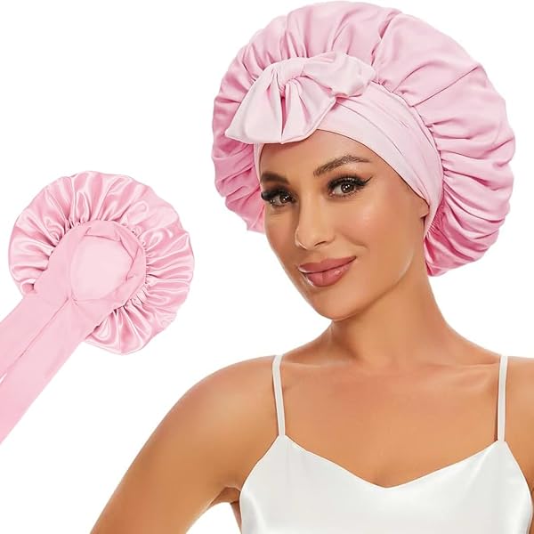 Atudew Satin-Haube, 2 Stück – Satinhaube Zum Schlafen, Verstellbar, Für Lockiges & Dickes Haar, Schwarz & Lila