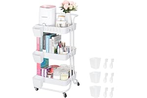 Bemece 3 Tier Trolley, Storage Trolley on Wheels with PP Draining Basket for Kitchen Bathroom Laundry and Office(white)
